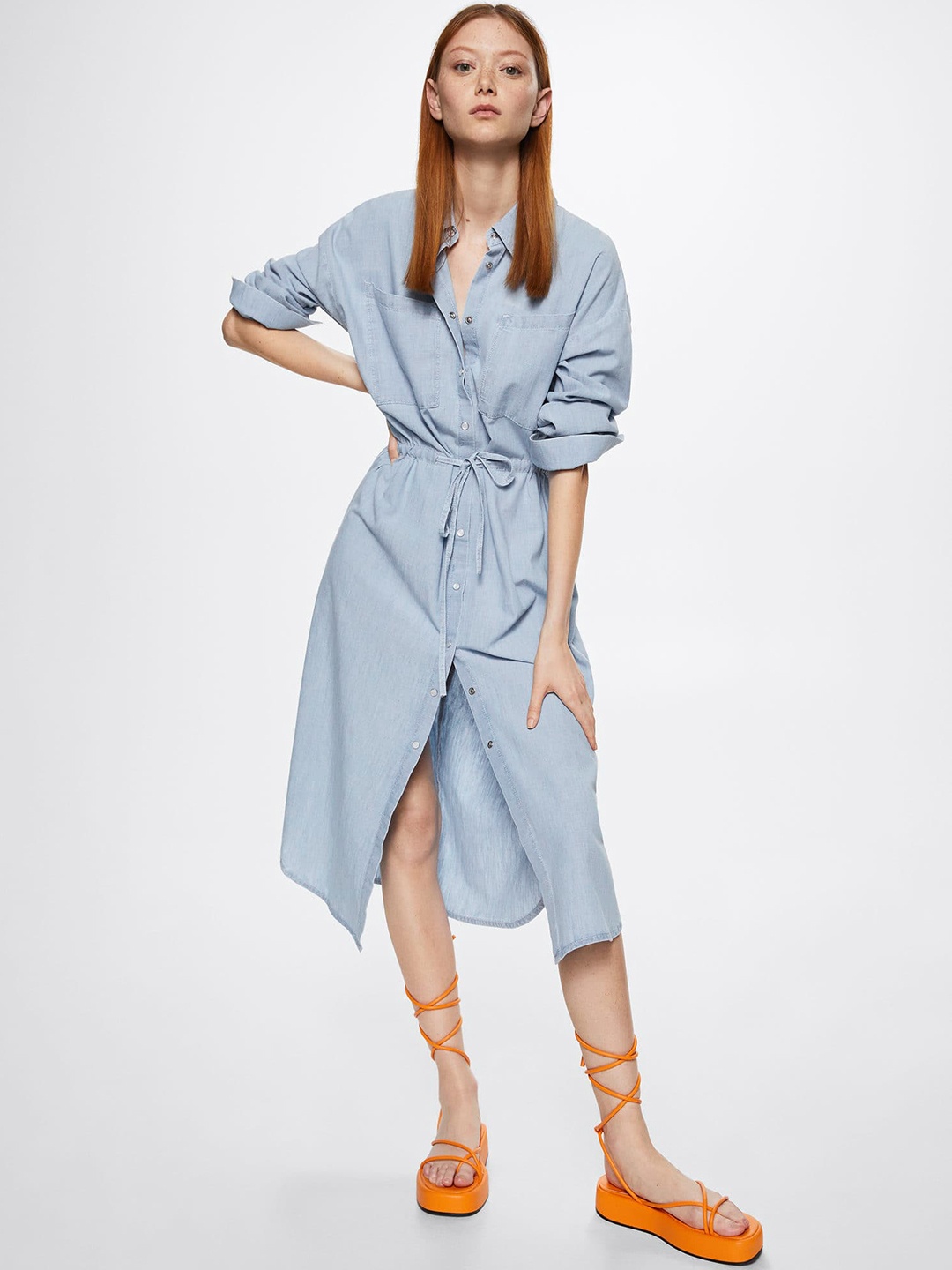 

MANGO Blue Pure Cotton Solid Denim Oversized Shirt Midi Dress