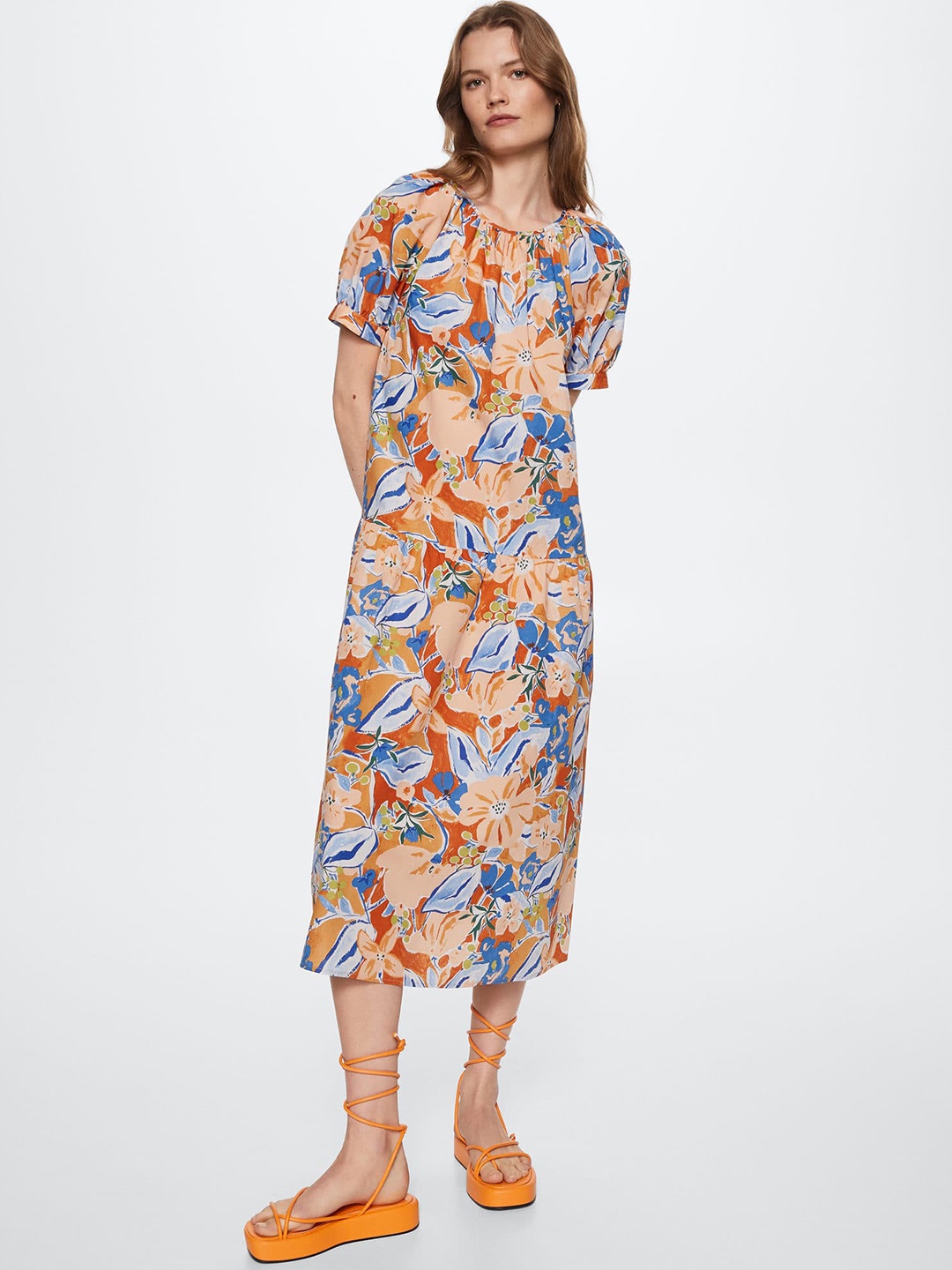 

MANGO Peach-Coloured & Blue Pure Cotton Drop-Waist Midi Dress