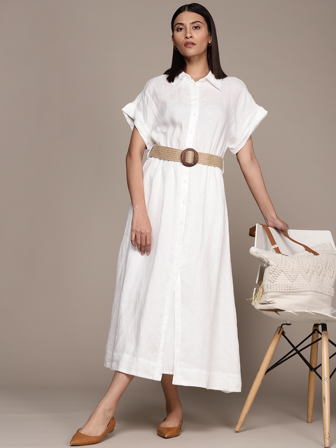 

MANGO White Solid Linen Shirt Style Midi Dress