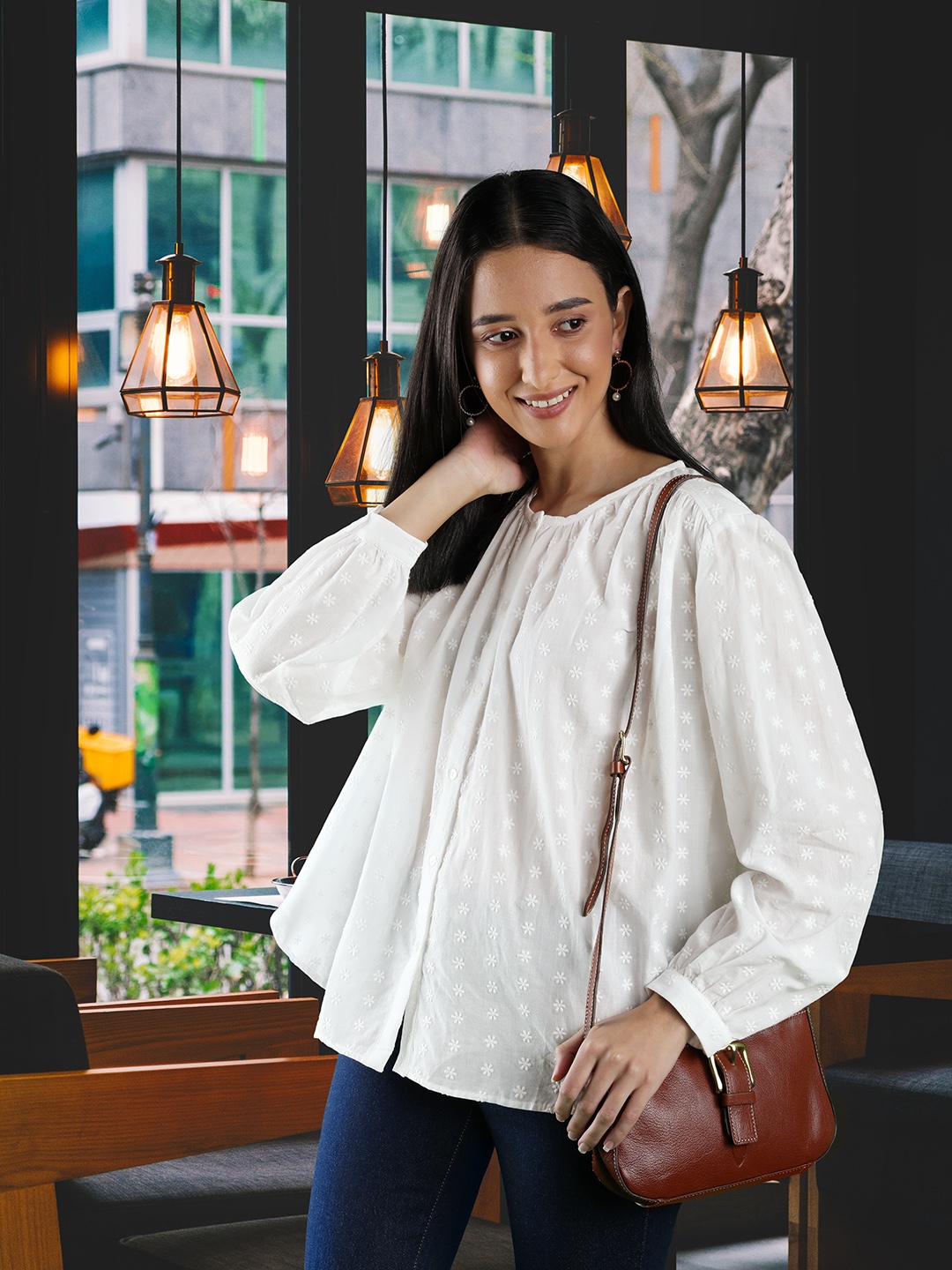 

MANGO Women White Floral Embroidered Shirt Style Top