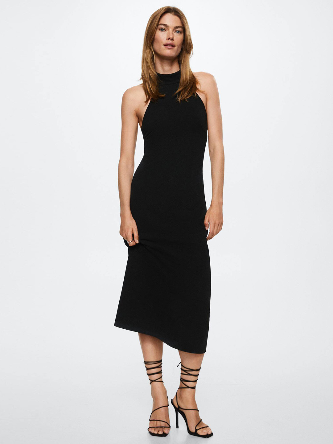 

MANGO Black Solid Cut-Out Back A-Line Midi Dress