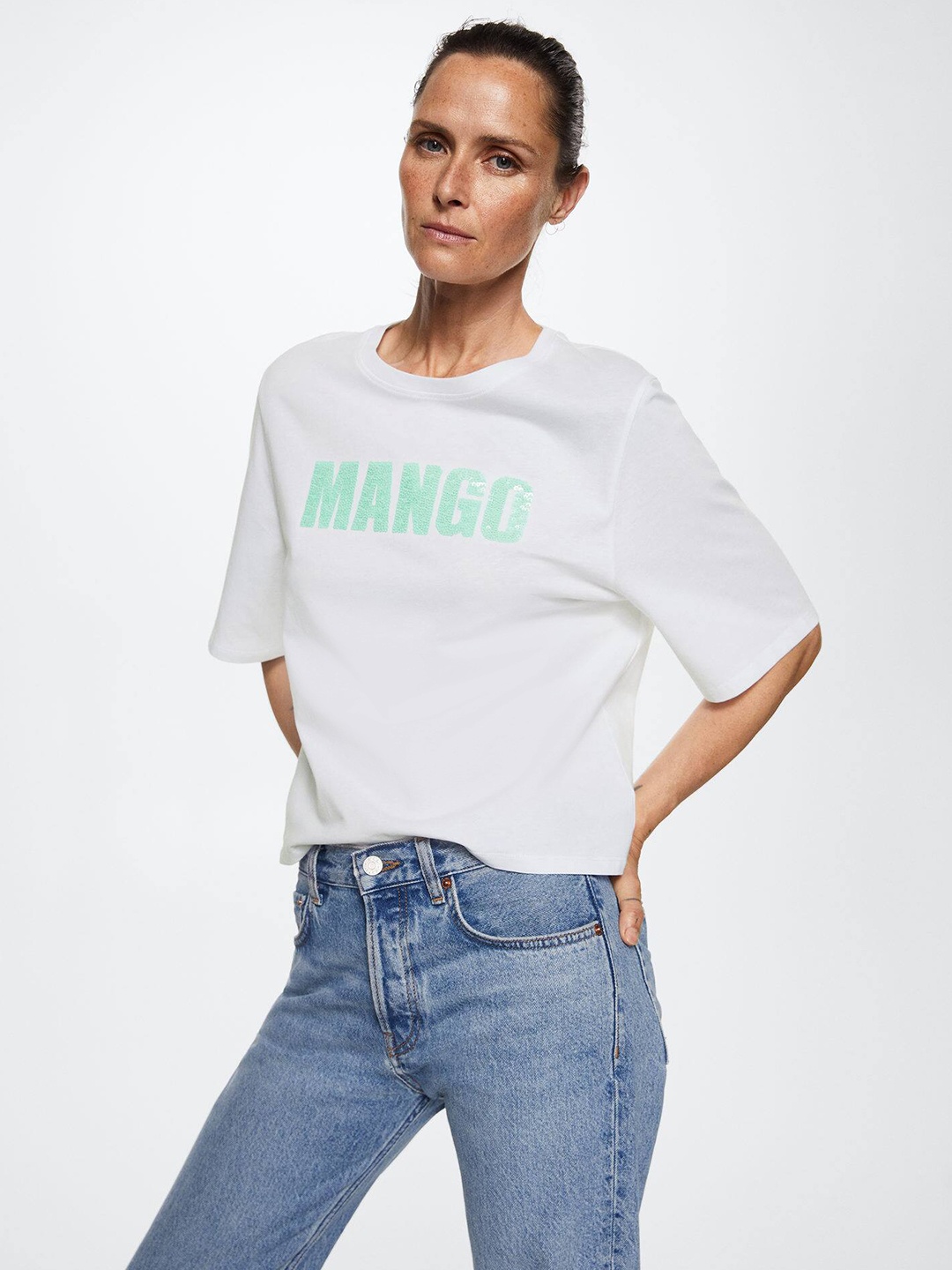 

MANGO Women Off White & Green Brand Logo Printed Pure Cotton T-shirt