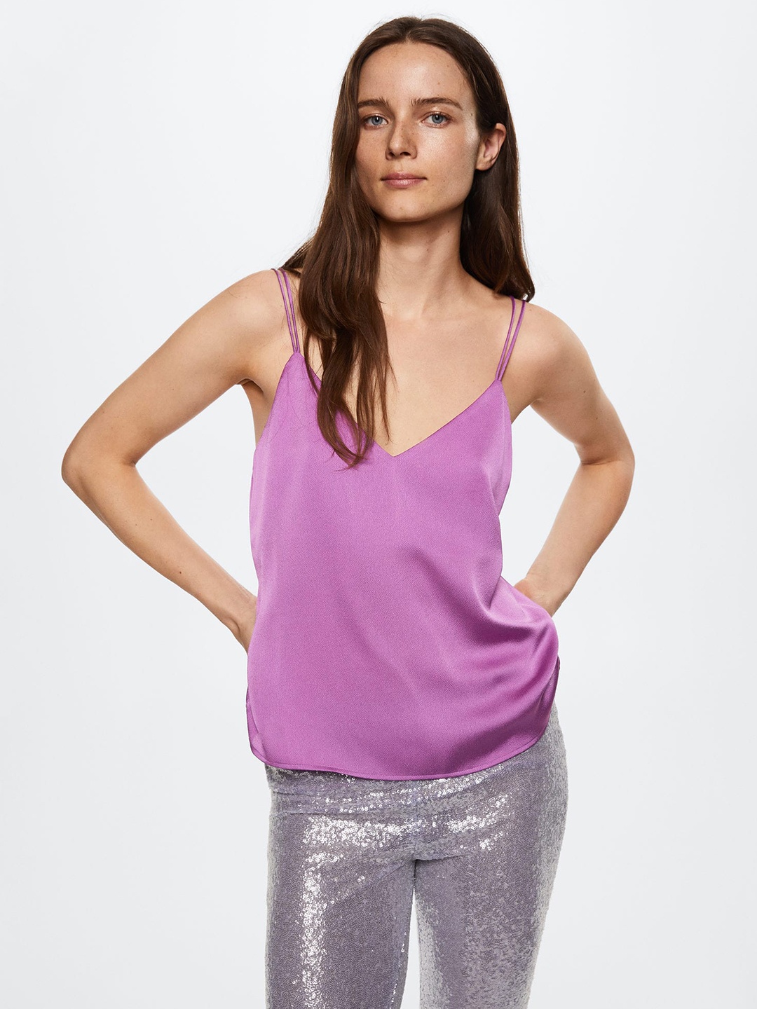 

MANGO Purple Solid Shoulder Strap Top