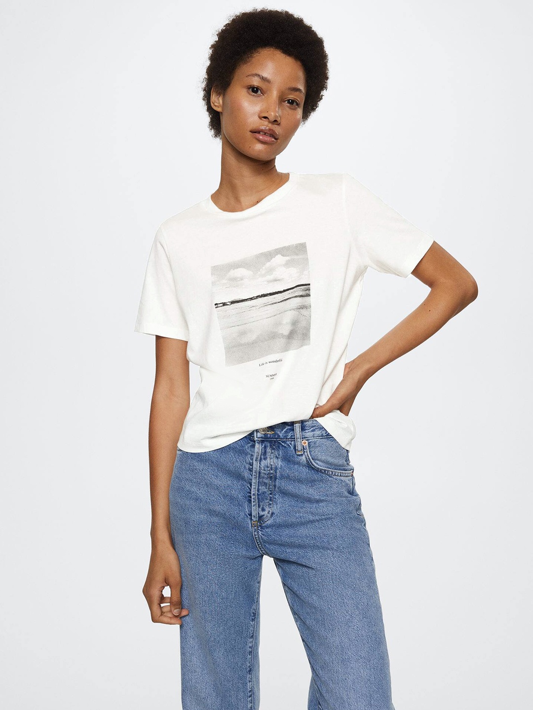 

MANGO Women White Printed Pure Cotton T-shirt
