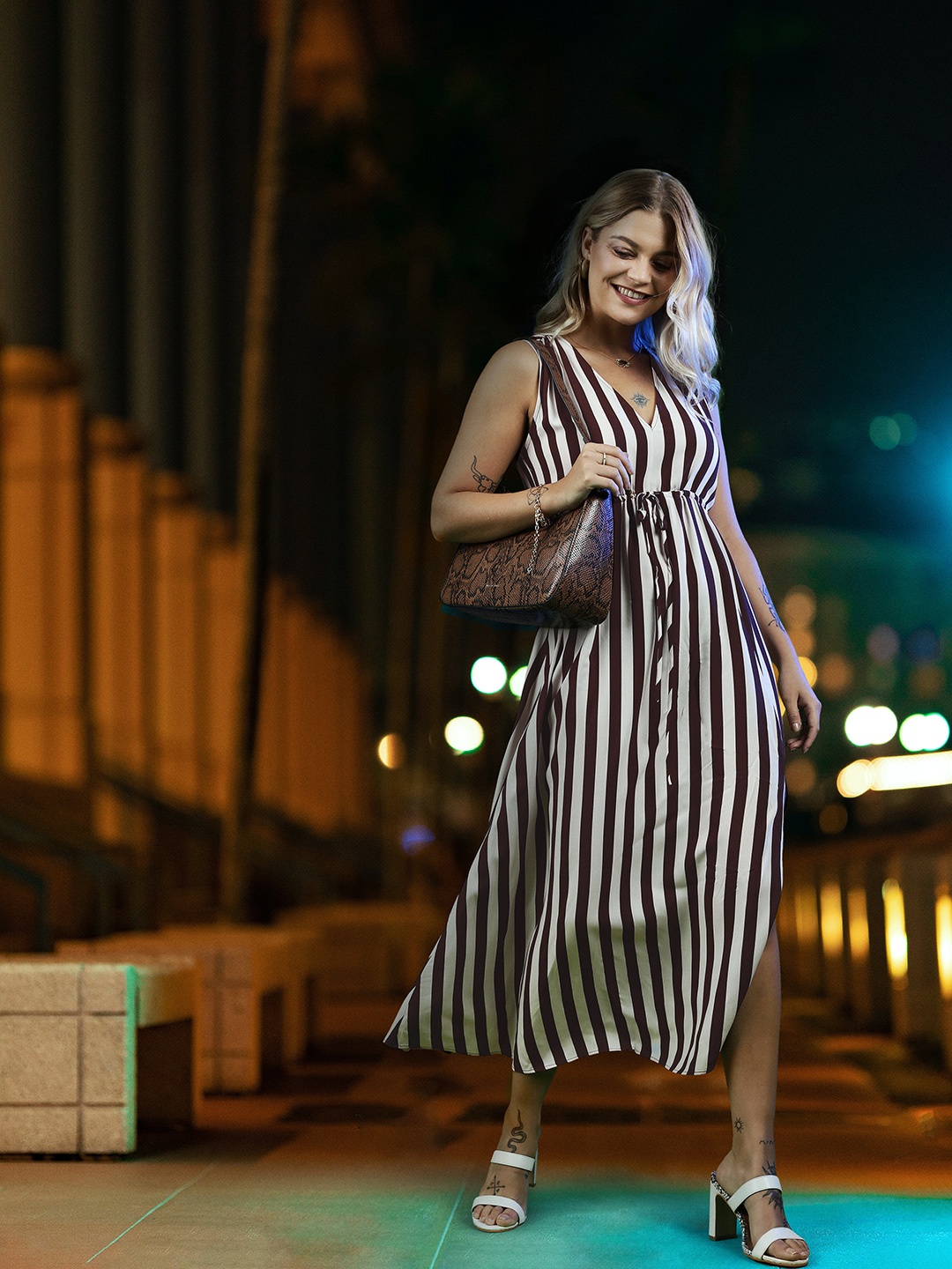 

MANGO Beige & Maroon Striped A-Line Midi Dress