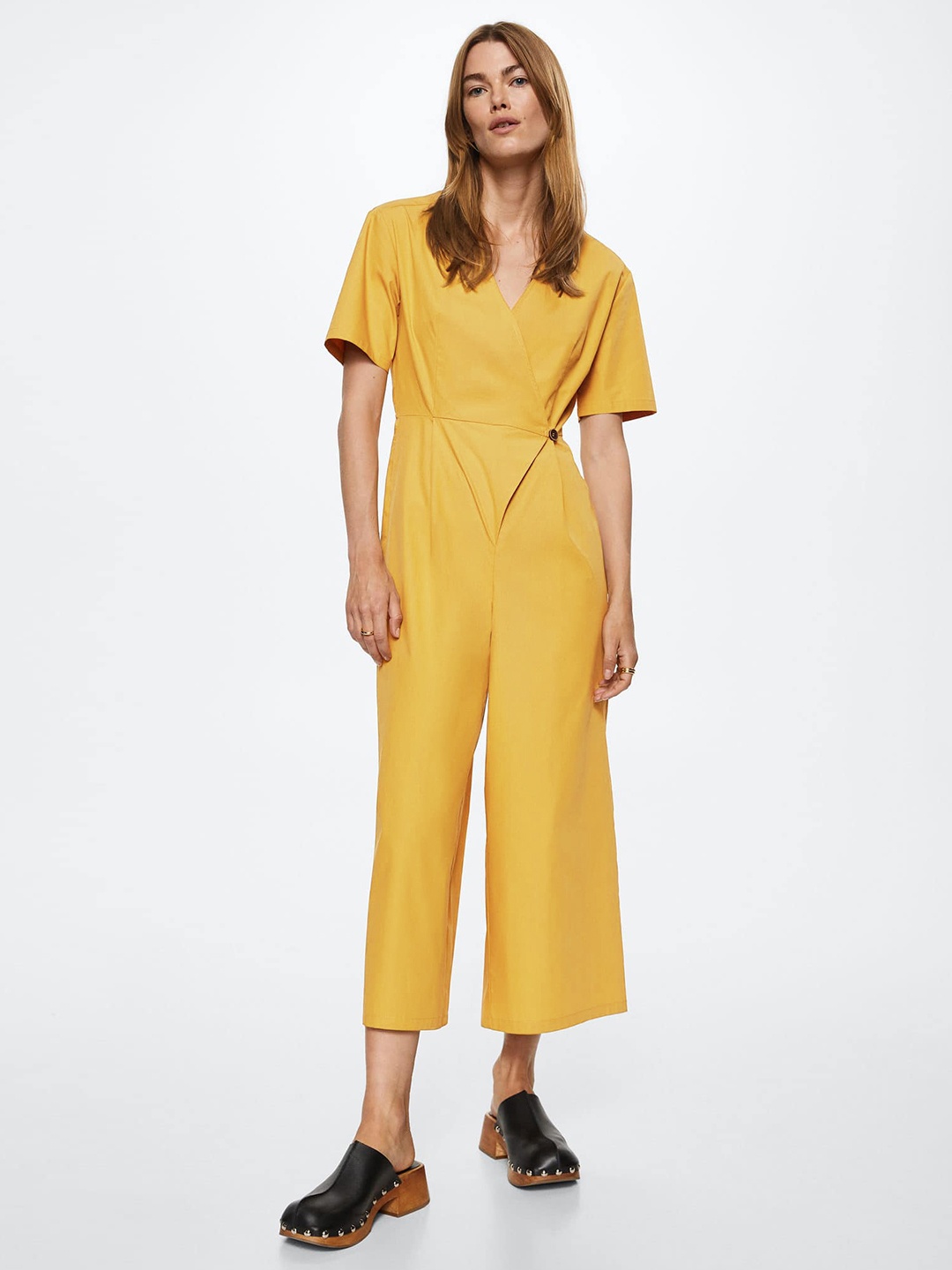 

MANGO Mustard Yellow Pure Cotton Solid Wrap Jumpsuit