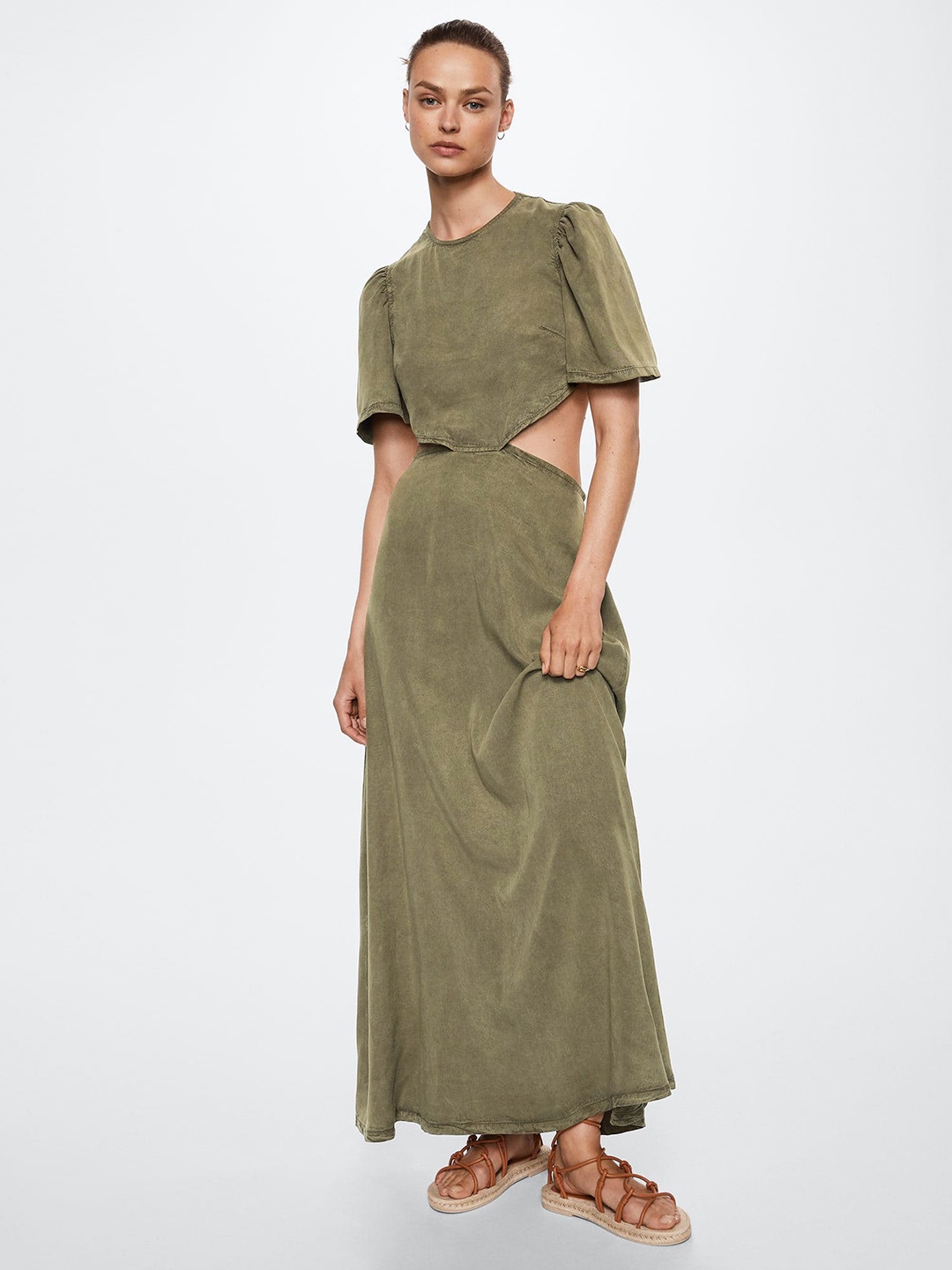 

MANGO Olive Green Tie-Up Back Maxi Dress
