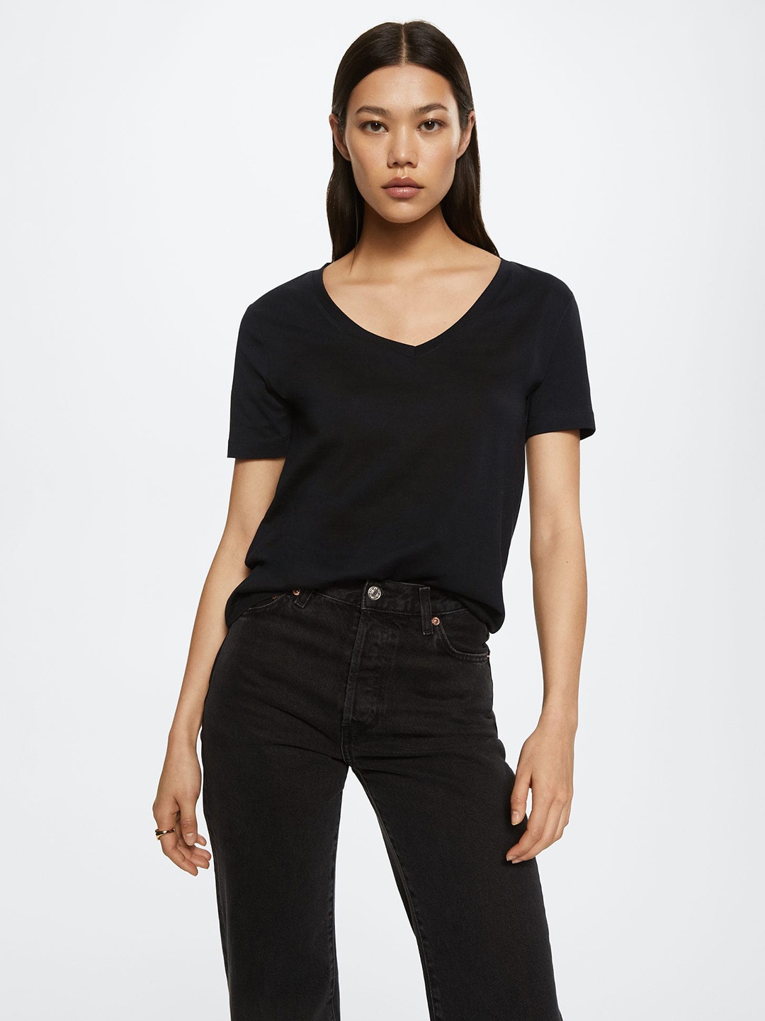 

MANGO Women Black V-Neck Pure Cotton T-shirt