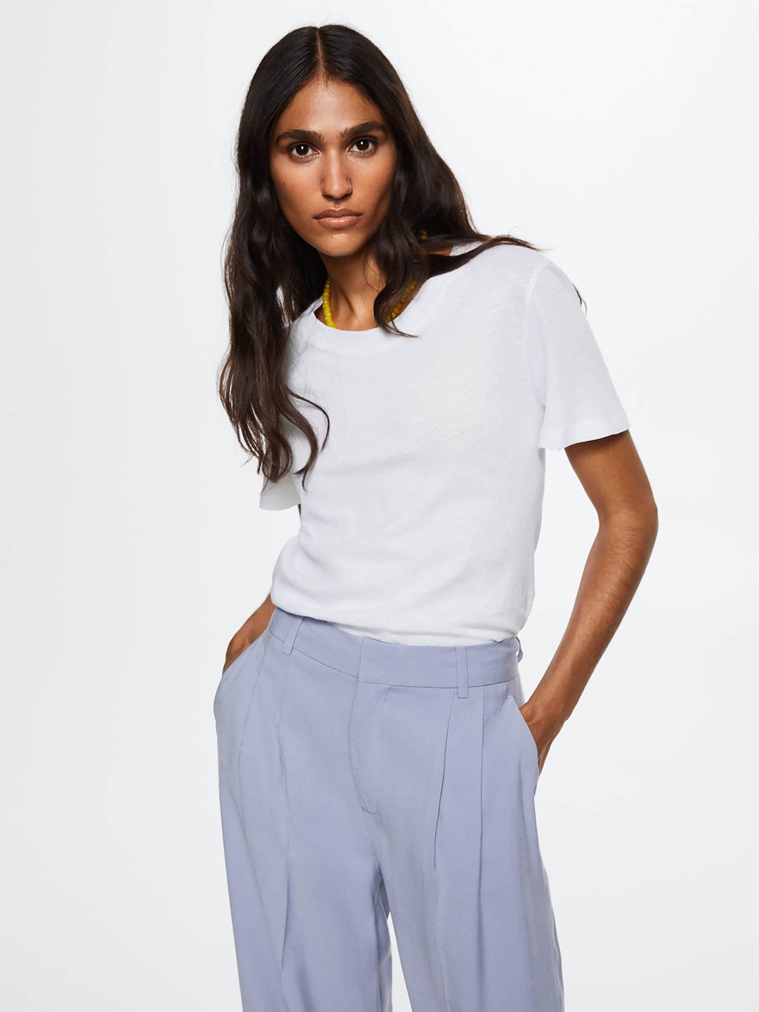 

MANGO Women White Cotton-Linen T-shirt