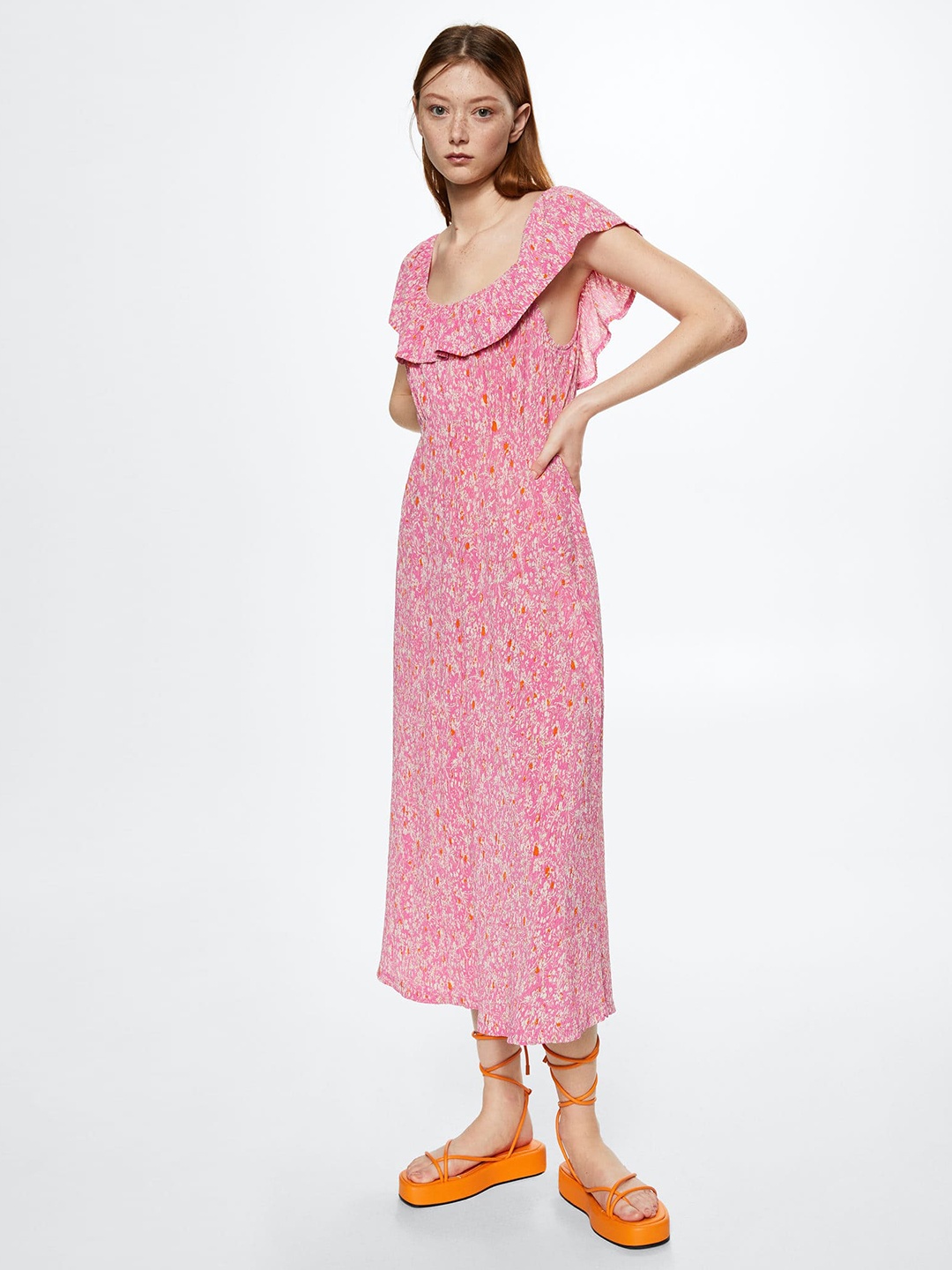 

MANGO Pink & White Floral A-Line Midi Dress