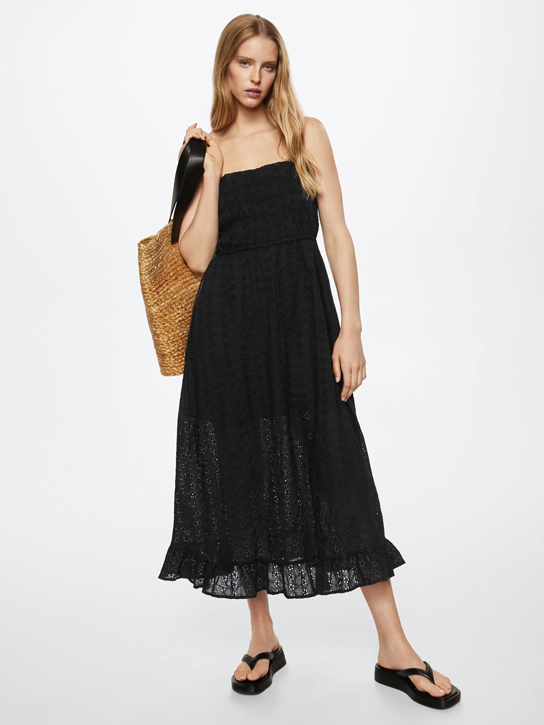 

MANGO Black Pure Cotton Schiffli Embroidered A-Line Midi Dress