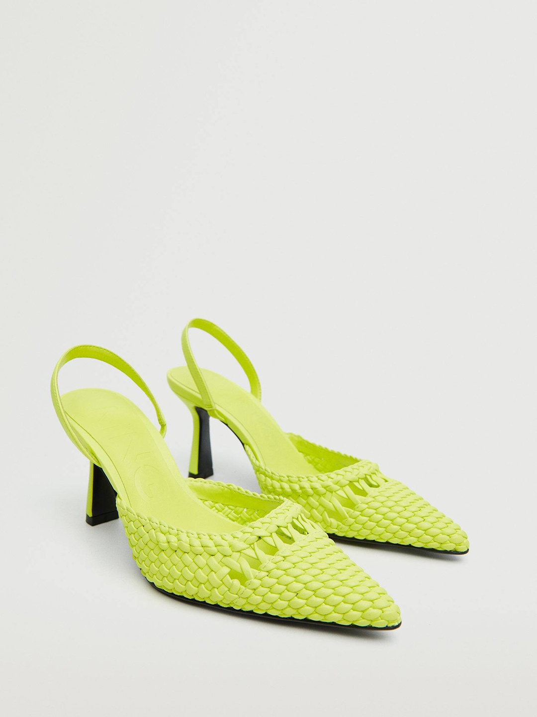 

MANGO Fluorescent Green Basket Woven Design Block Mules