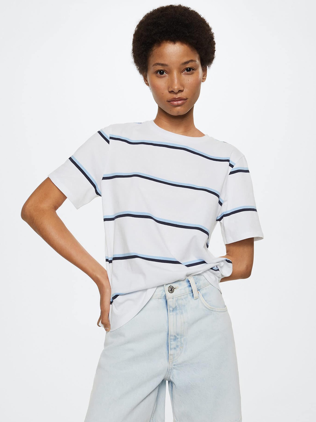 

MANGO Women White & Blue Striped Pure Cotton T-shirt