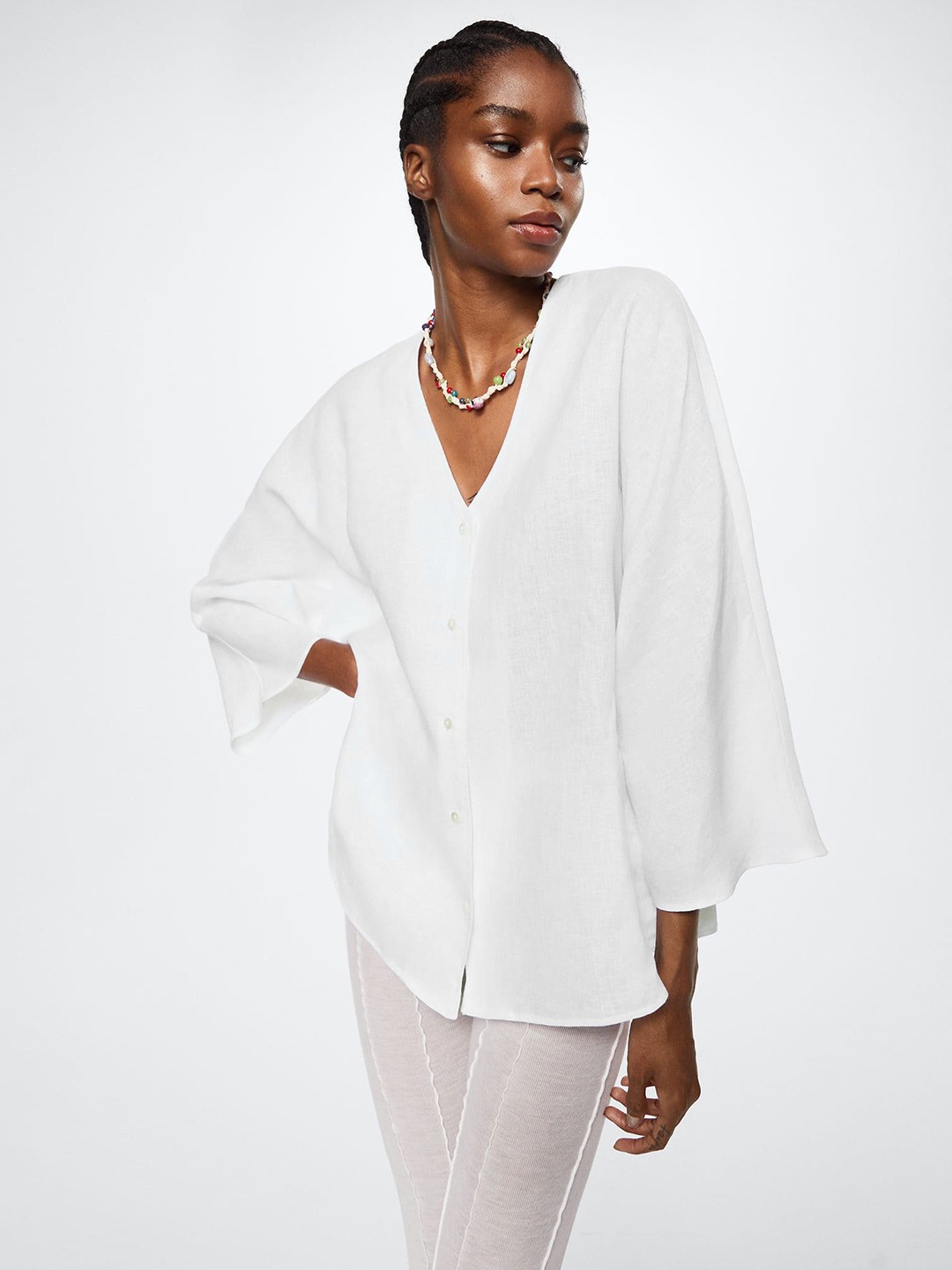 

MANGO White Solid Linen Oversized Shirt Style Top