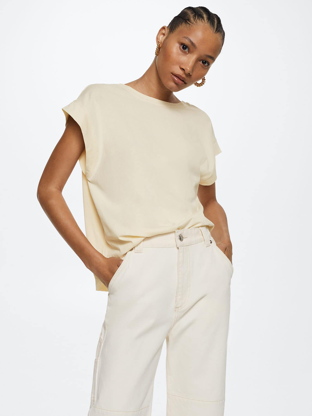 

MANGO Women Beige Pure Cotton Drop-Shoulder Sleeves Oversized T-shirt