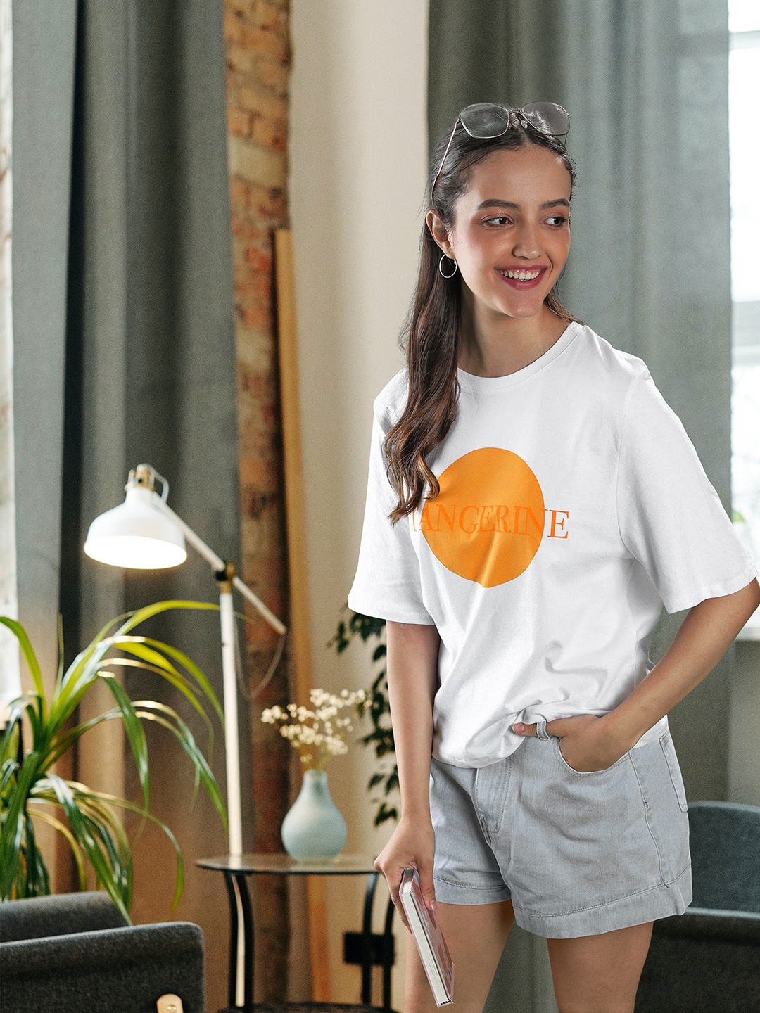 

MANGO Women White & Orange Pure Cotton Printed T-shirt