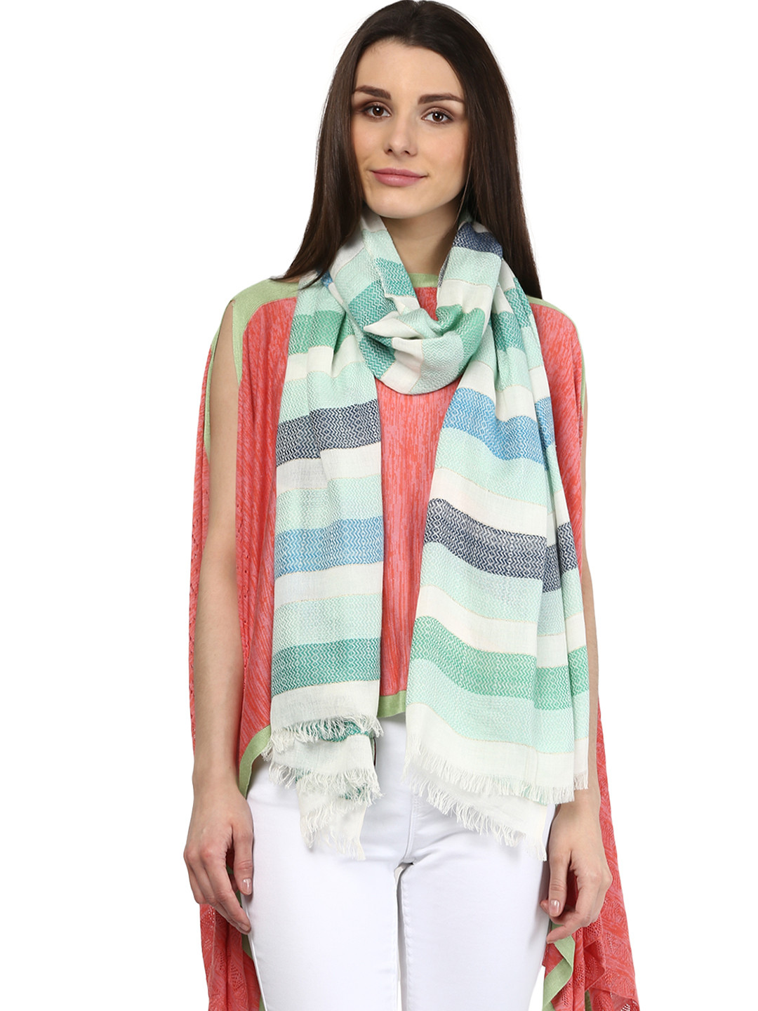 

SHINGORA Green & Off-White Striped Stole