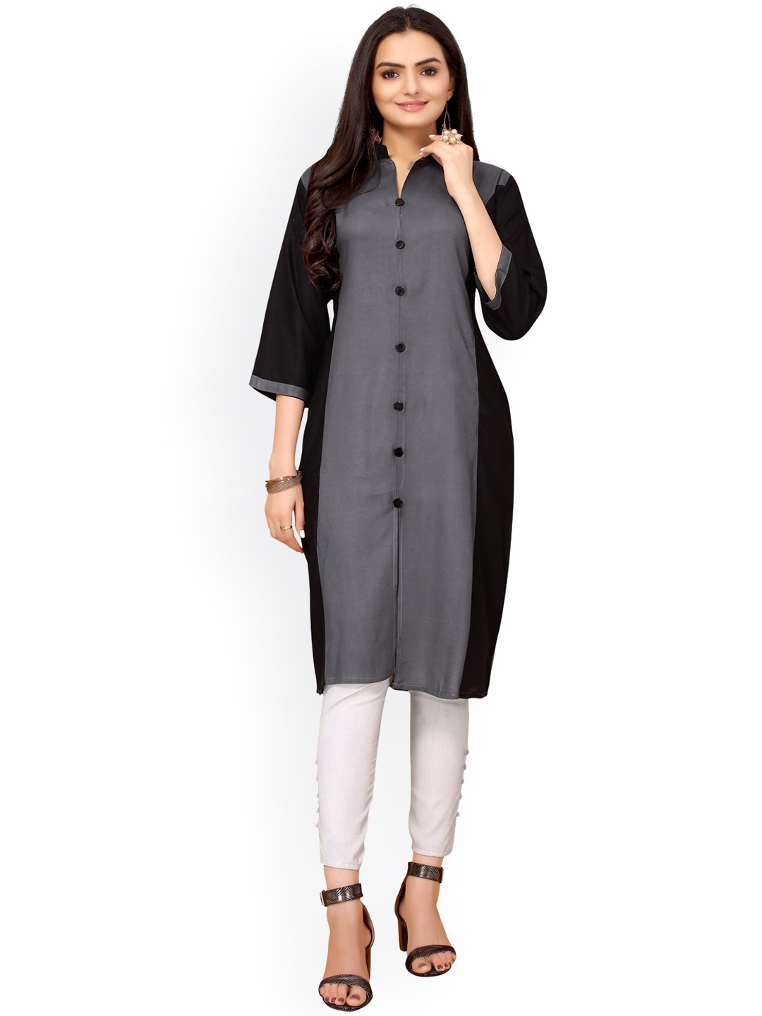 

Nimayaa Women Grey & Black Colourblocked Straight Kurta