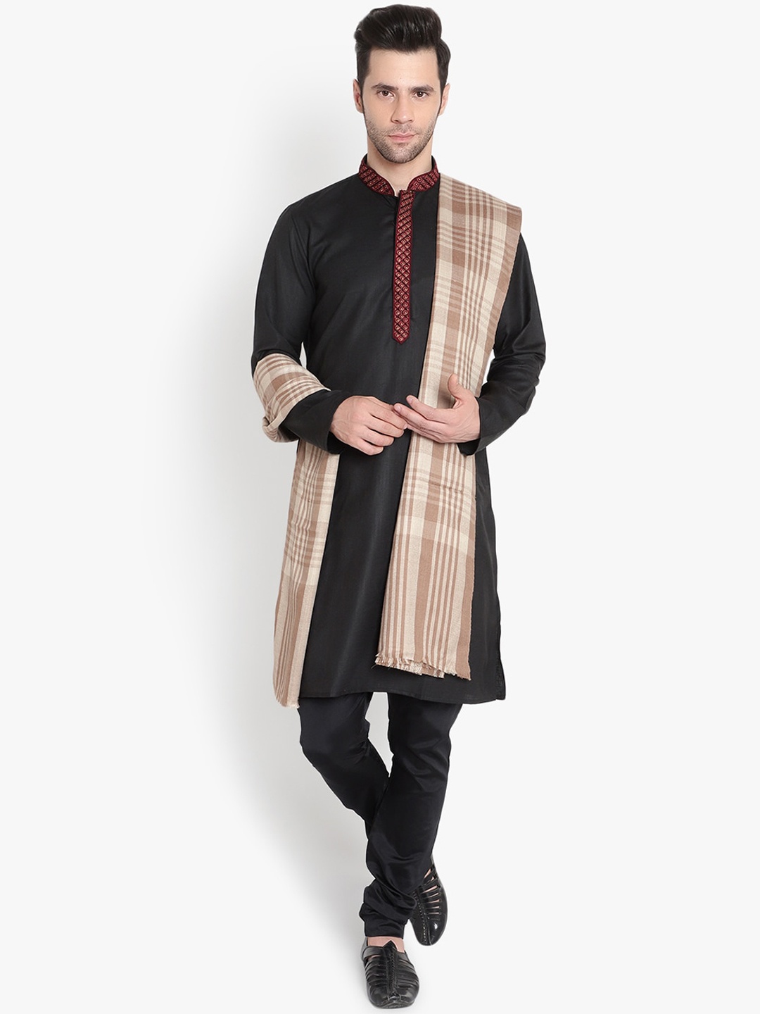 

Mizash Men Beige Colored Checked Printed Woolen Pashmina Shawl