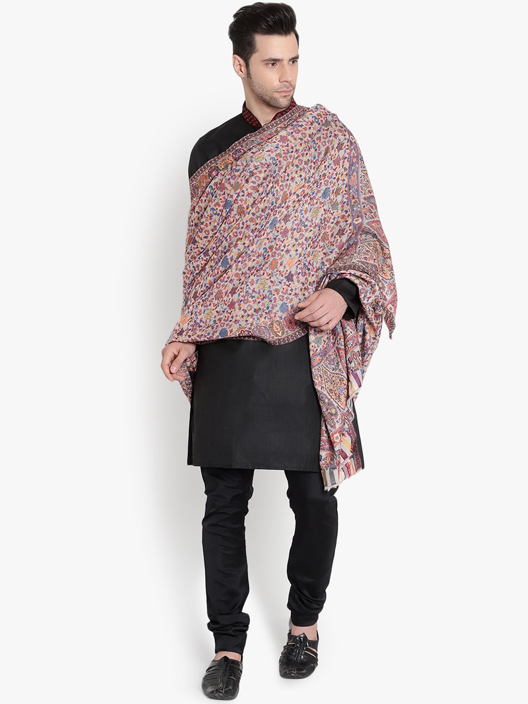 

Mizash Men Red & Blue Floral Printed Woolen Pashmina Shawl