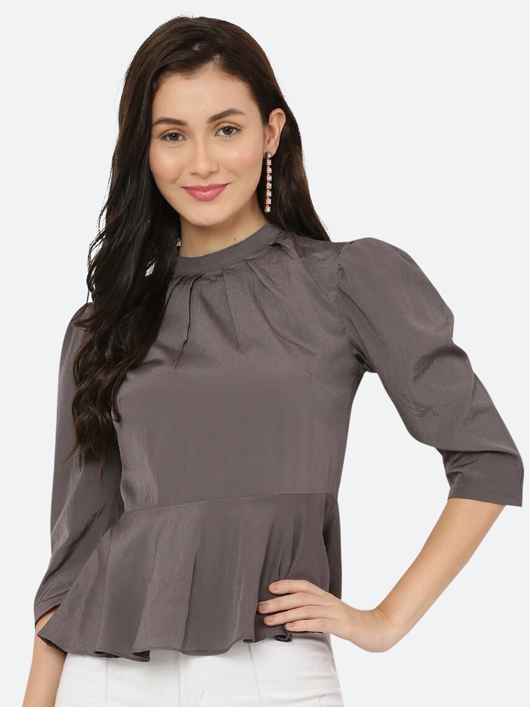 

RAASSIO Grey Solid Crepe Cinched Waist Top