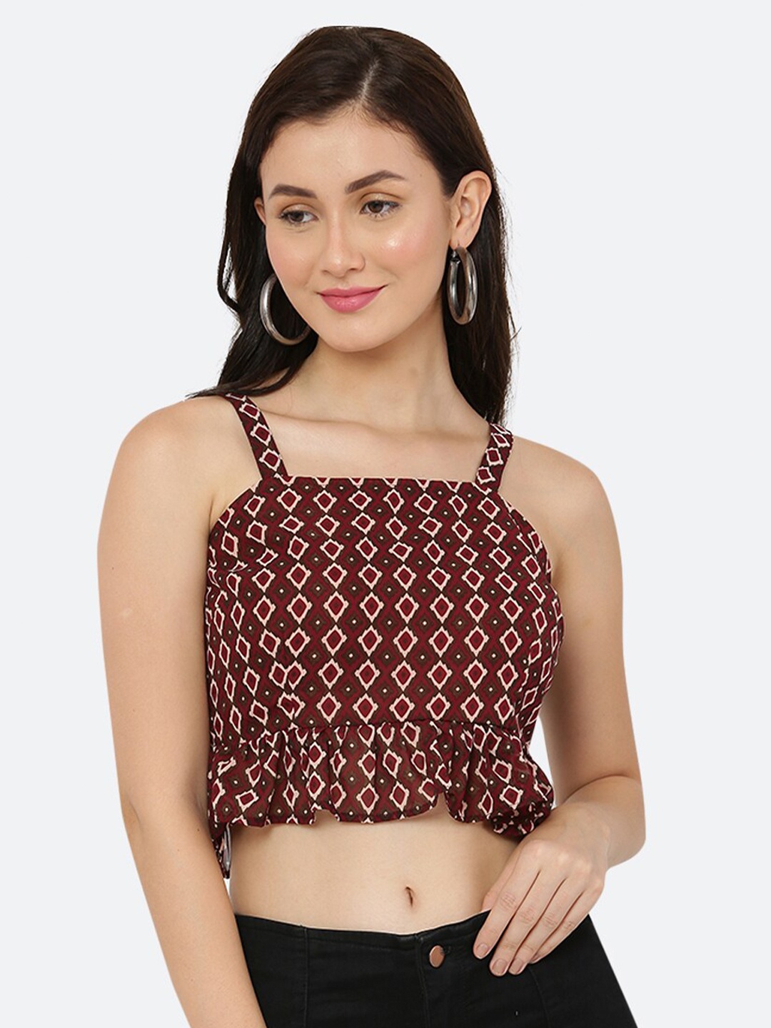 

RAASSIO Women Maroon & Brown Geometric Printed Georgette Crop Top