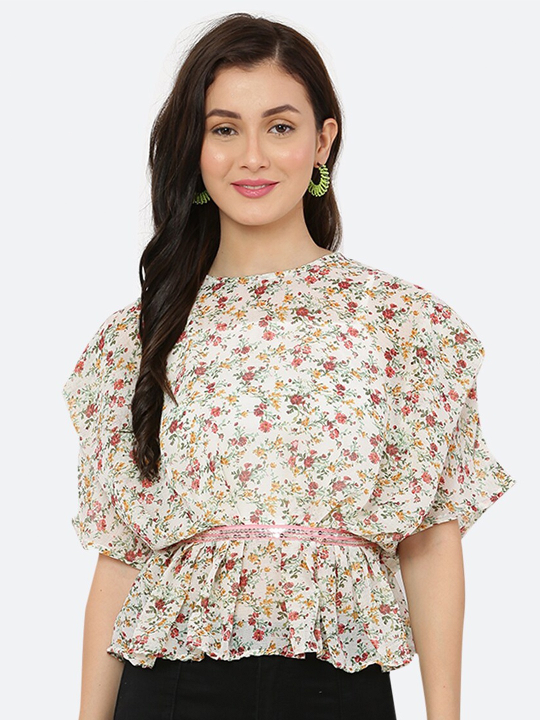 

RAASSIO Women Off White Floral Print Extended Sleeves Chiffon Blouson Top
