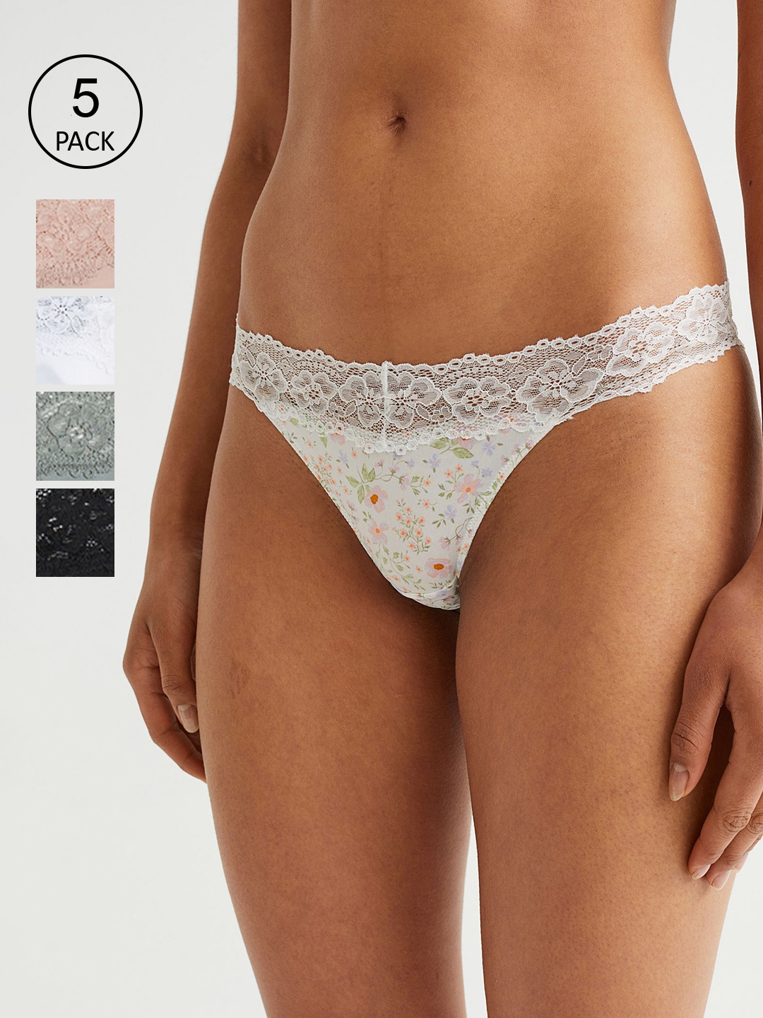 

H&M Women 5-Pack Lace-Trimmed Thong Briefs, Black