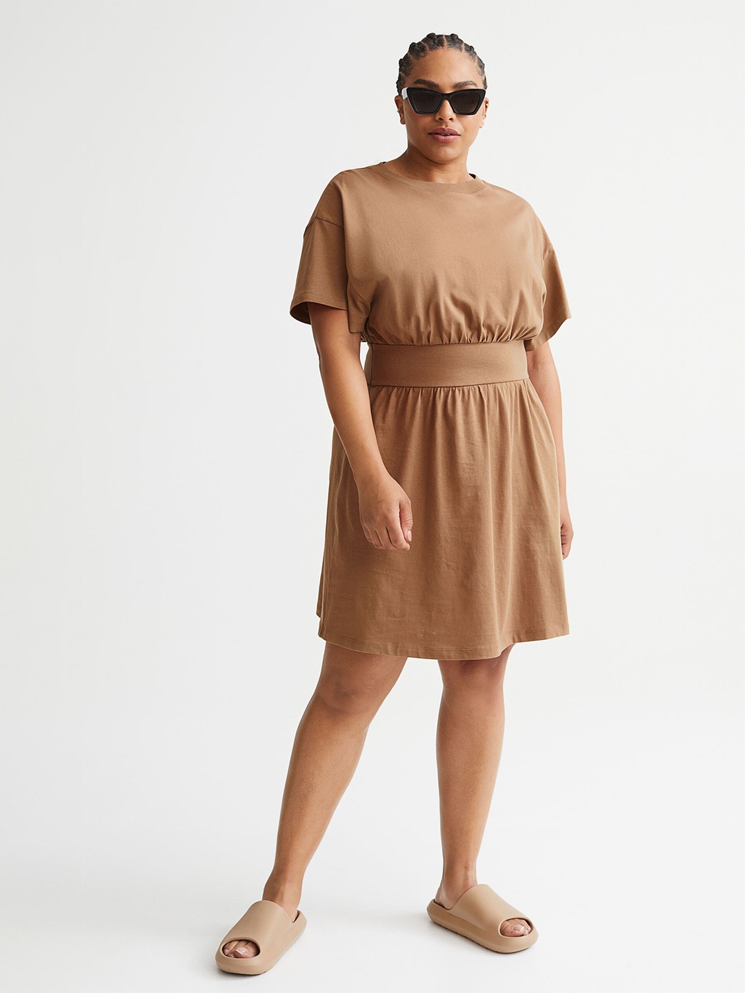 

H&M Women Beige Cotton Short Jersey Dress