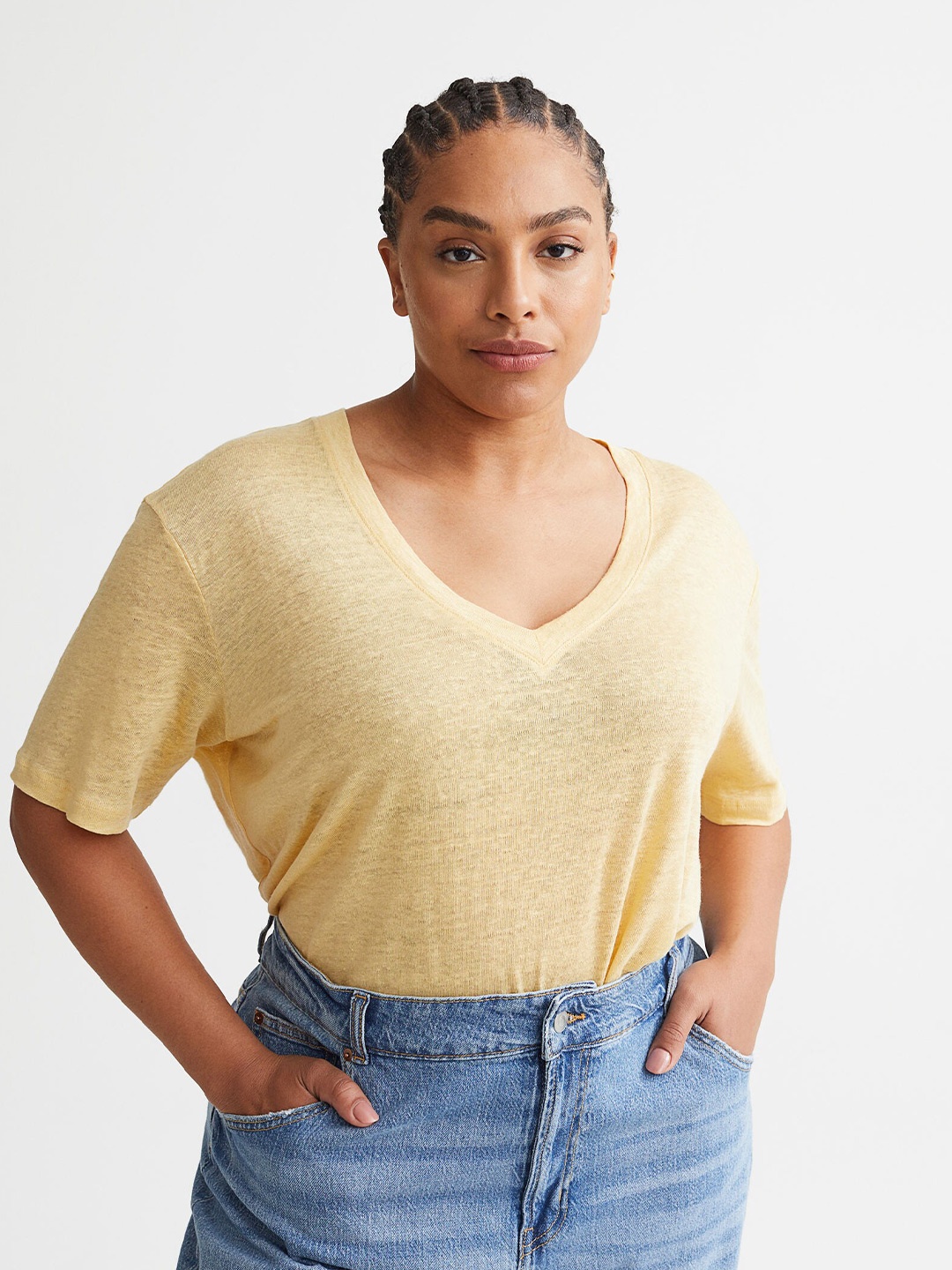 

H&M Women Yellow V-Neck Linen T-shirt