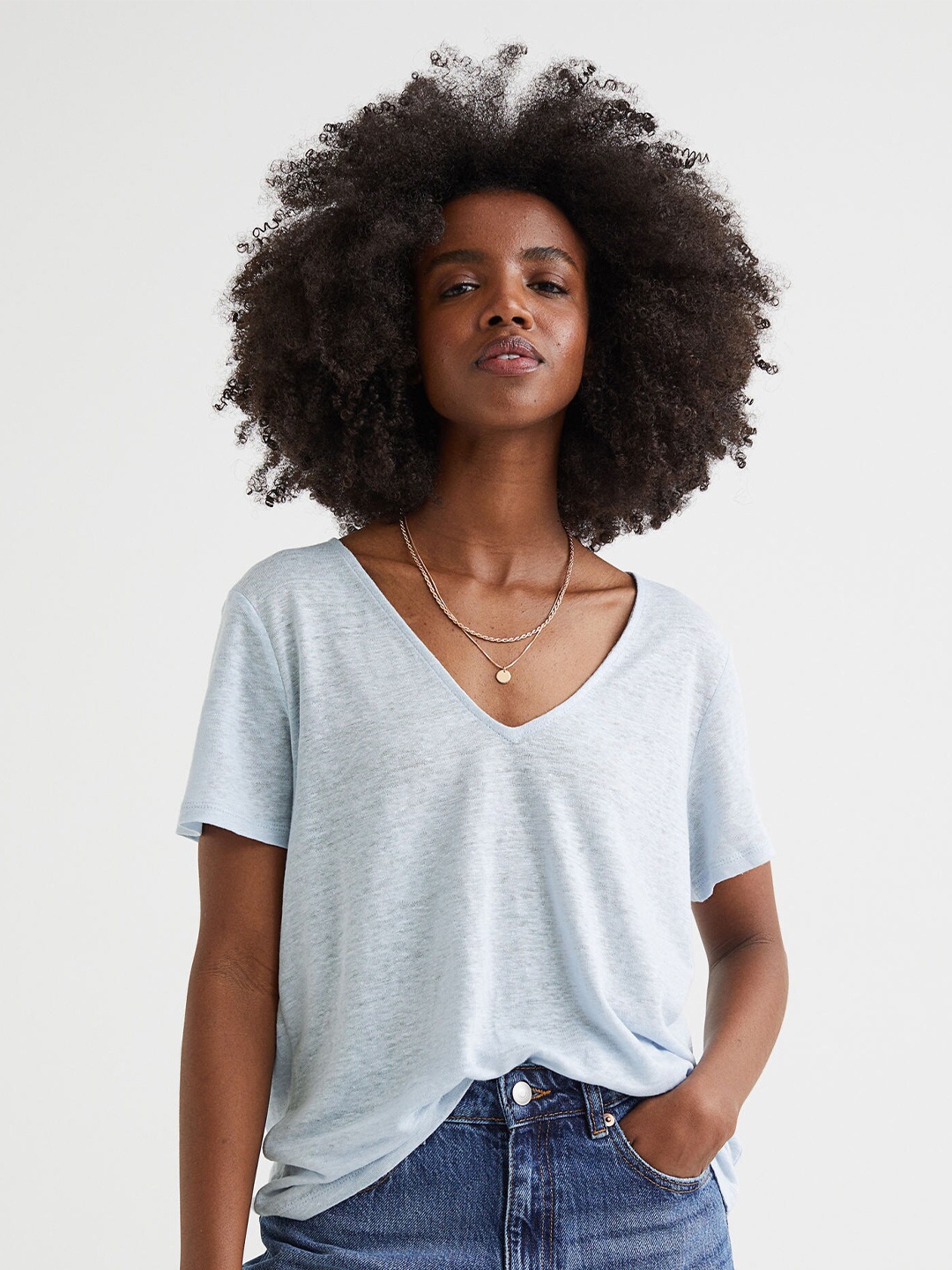 

H&M Women Blue Solid Linen Jersey Top