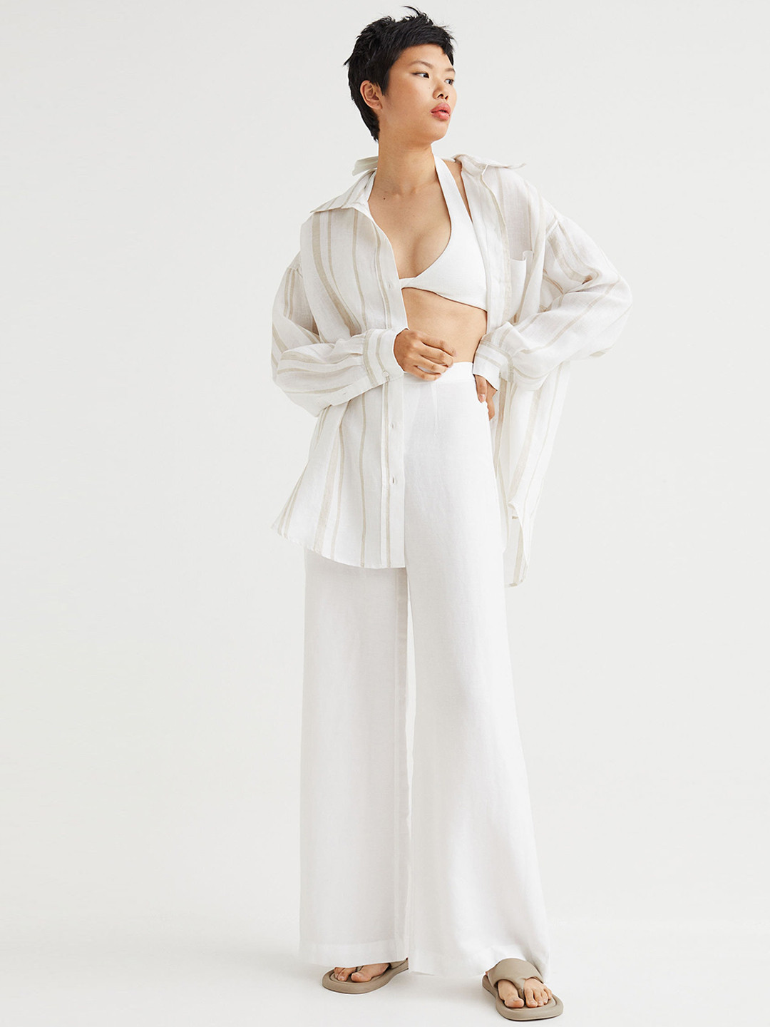 

H&M Women White Tailored Linen-Blend Trousers