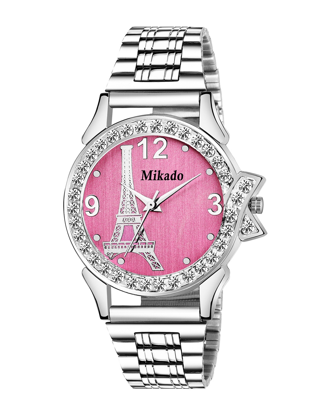 

Mikado Women Pink Brass Embellished Dial & Silver Toned Stainless Steel Bracelet Style Straps Analogue Watch