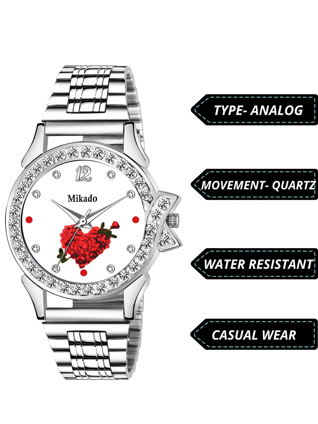 

Mikado Women Multicoloured Brass Printed Dial & Silver Toned Stainless Steel Bracelet Style Straps Analogue Watch, Multi