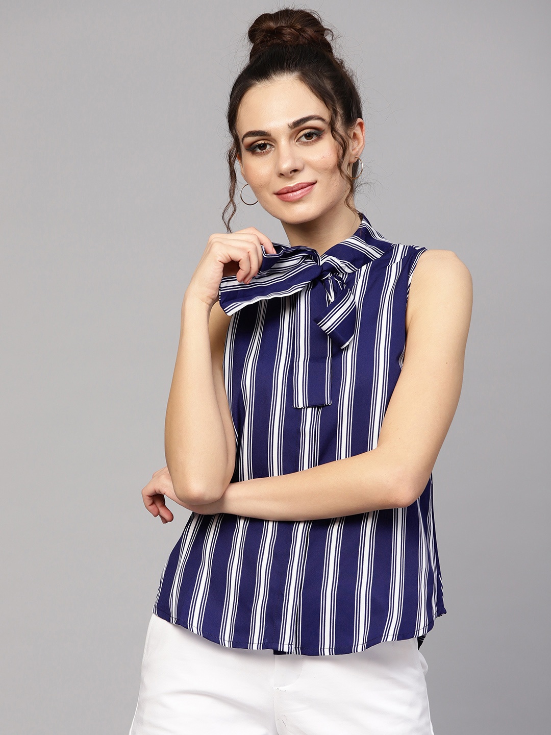 

SASSAFRAS Women Navy Blue & White Striped Top