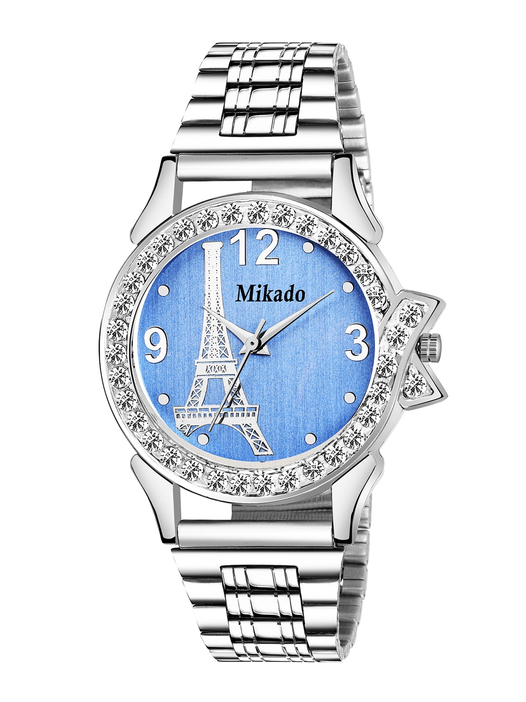 

Mikado Women Blue Brass Embellished Dial & Silver Toned Stainless Steel Bracelet Style Straps Analogue Watch