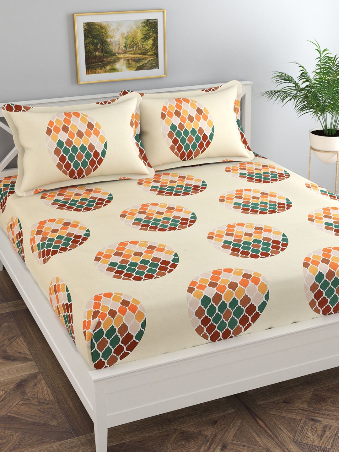 

Florida Orange & Green Geometric 144 TC Queen Bedsheet with 2 Pillow Covers