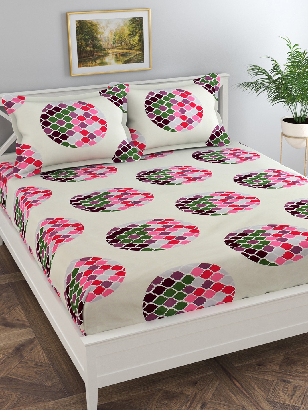 

Florida Pink & Green Geometric 144 TC Queen Bedsheet with 2 Pillow Covers