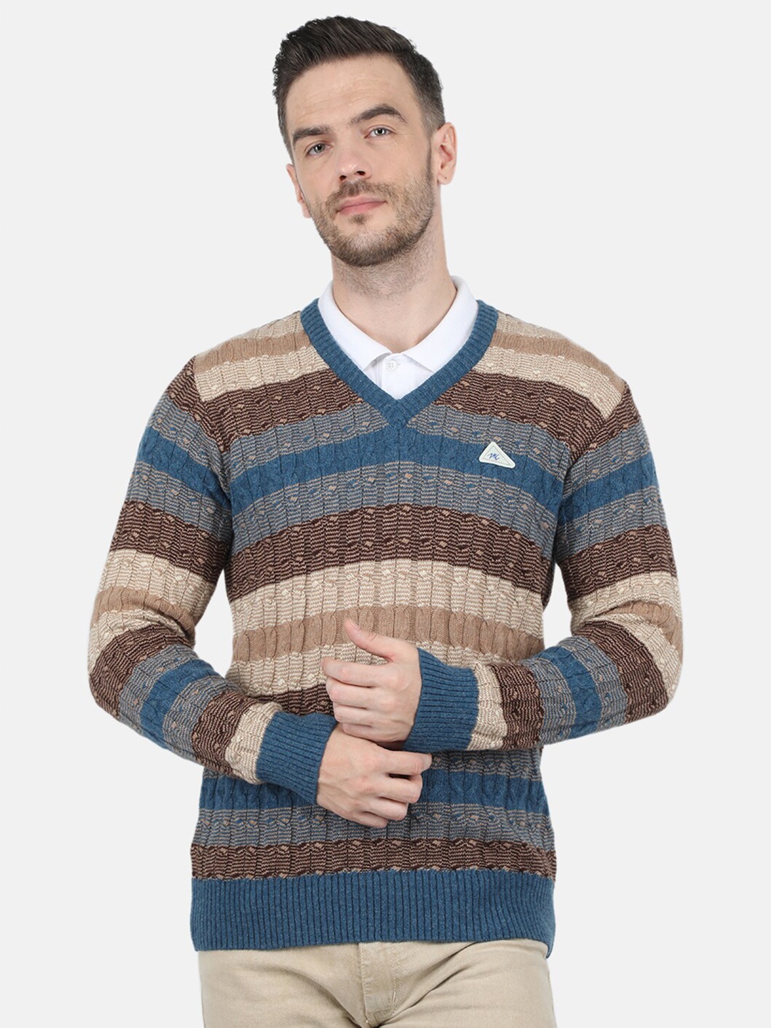 

Monte Carlo Men Blue & Beige v- neck Striped Pullover sweater