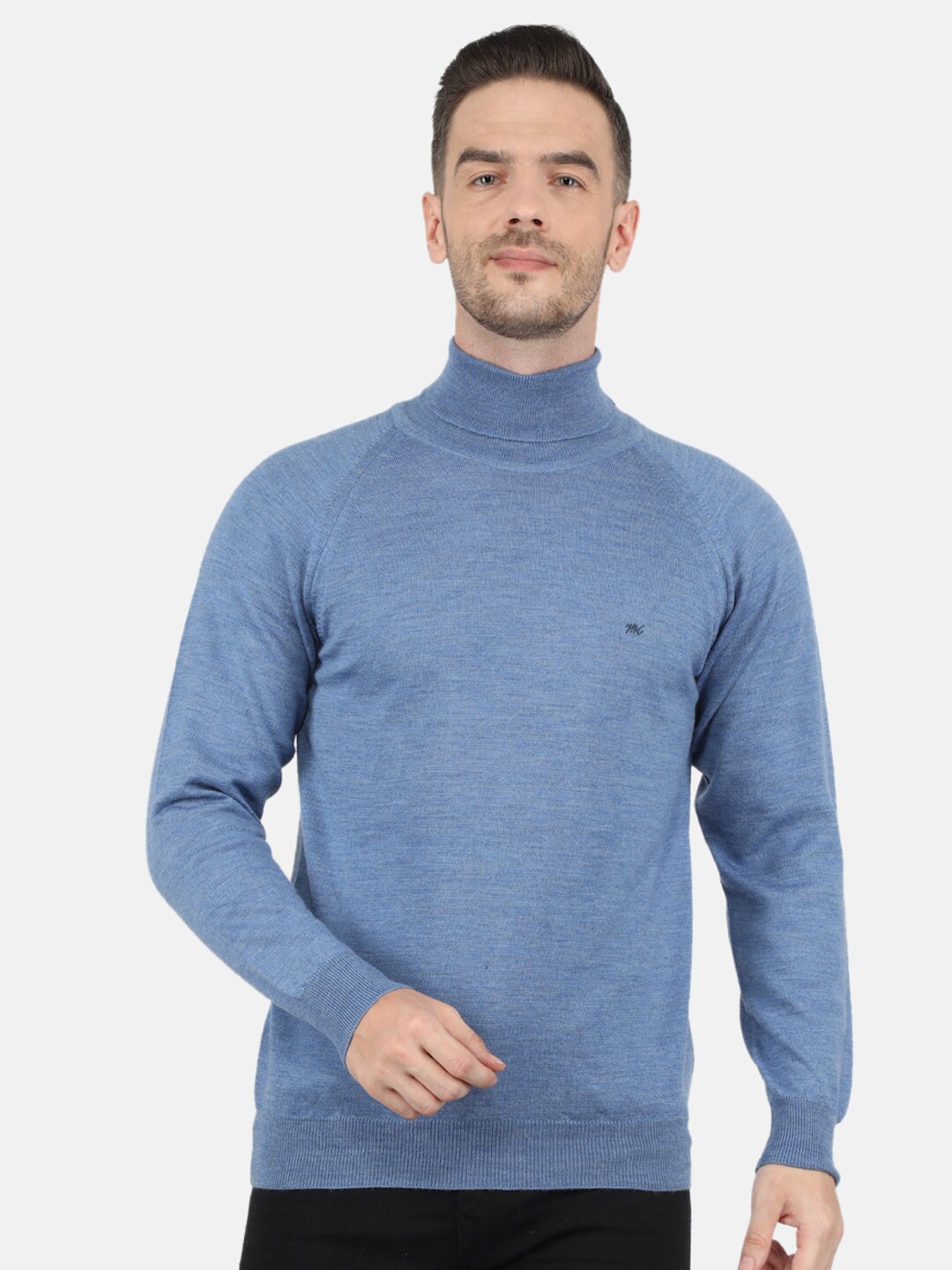 

Monte Carlo Men Pure Wool Blue Solid High Neck Pullover