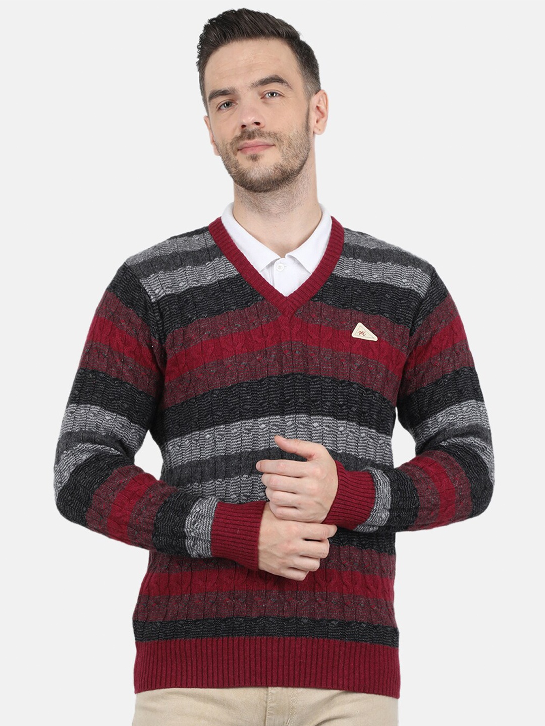 

Monte Carlo Men Red & Grey Colourblocked Designer V Neck Pullover