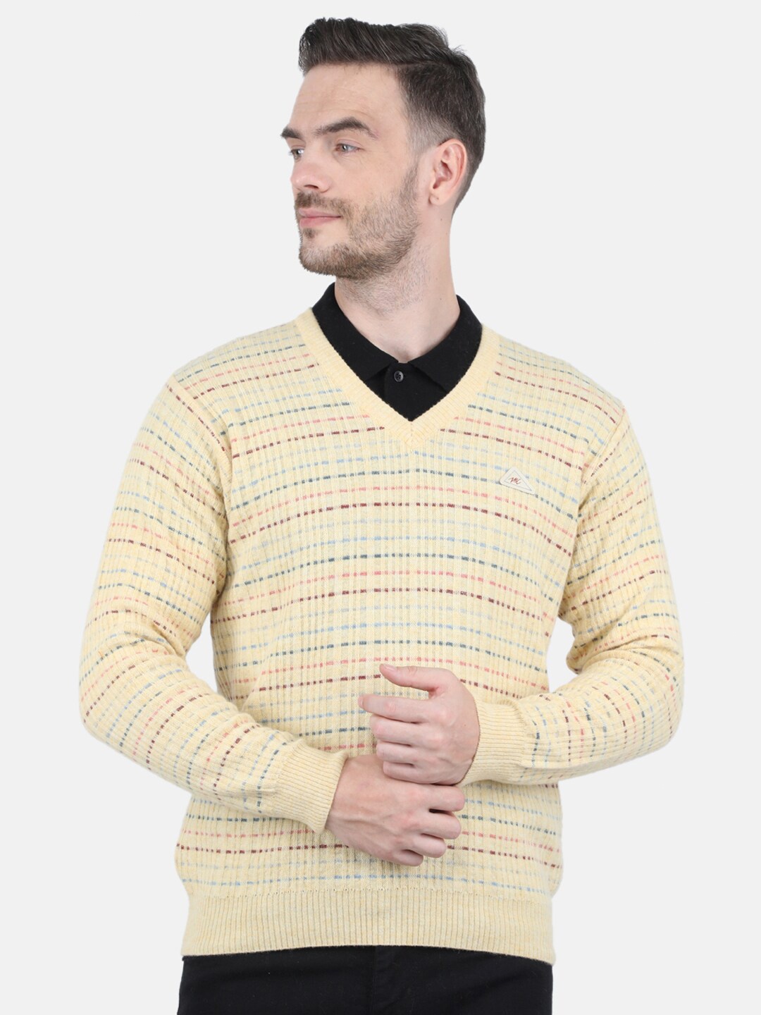 

Monte Carlo Men Lambs Wool Yellow Designer V Neck Pullover