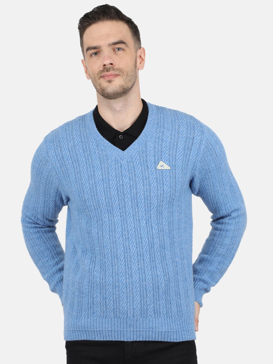 

Monte Carlo Men Lambs Wool Blue Self V Neck Pullover