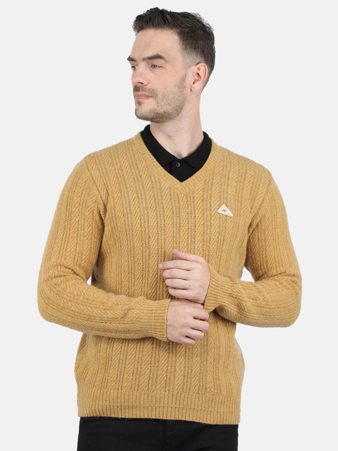 

Monte Carlo Men Lambs Wool Mustard Self V Neck Pullover