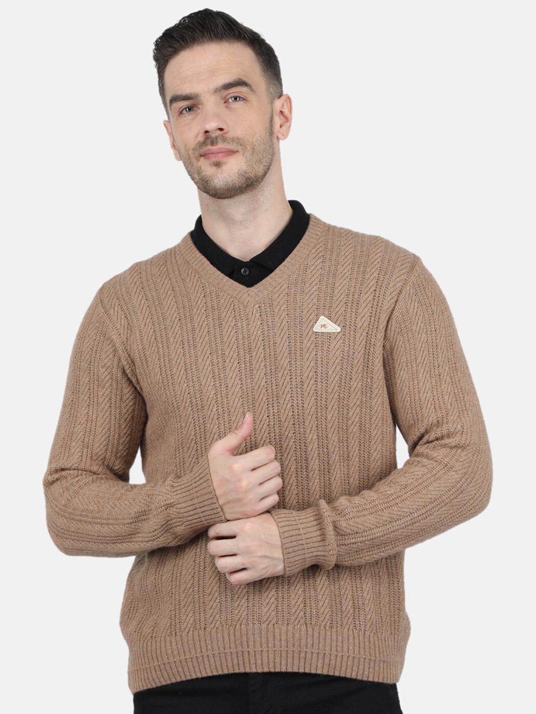 

Monte Carlo Men Beige Striped Self Design V Neck Pullover