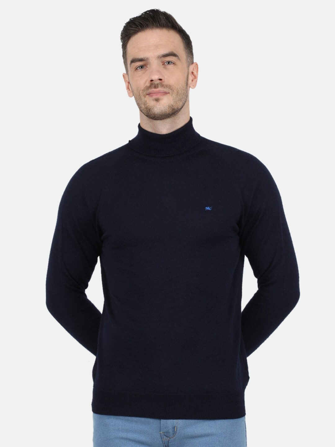 

Monte Carlo Men Pure Wool Navy Blue Solid High Neck Pullover