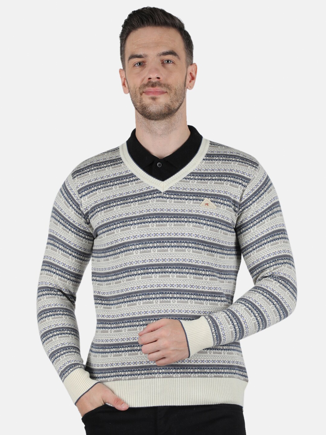 

Monte Carlo Men Off White & Grey Striped v-neck Pullover