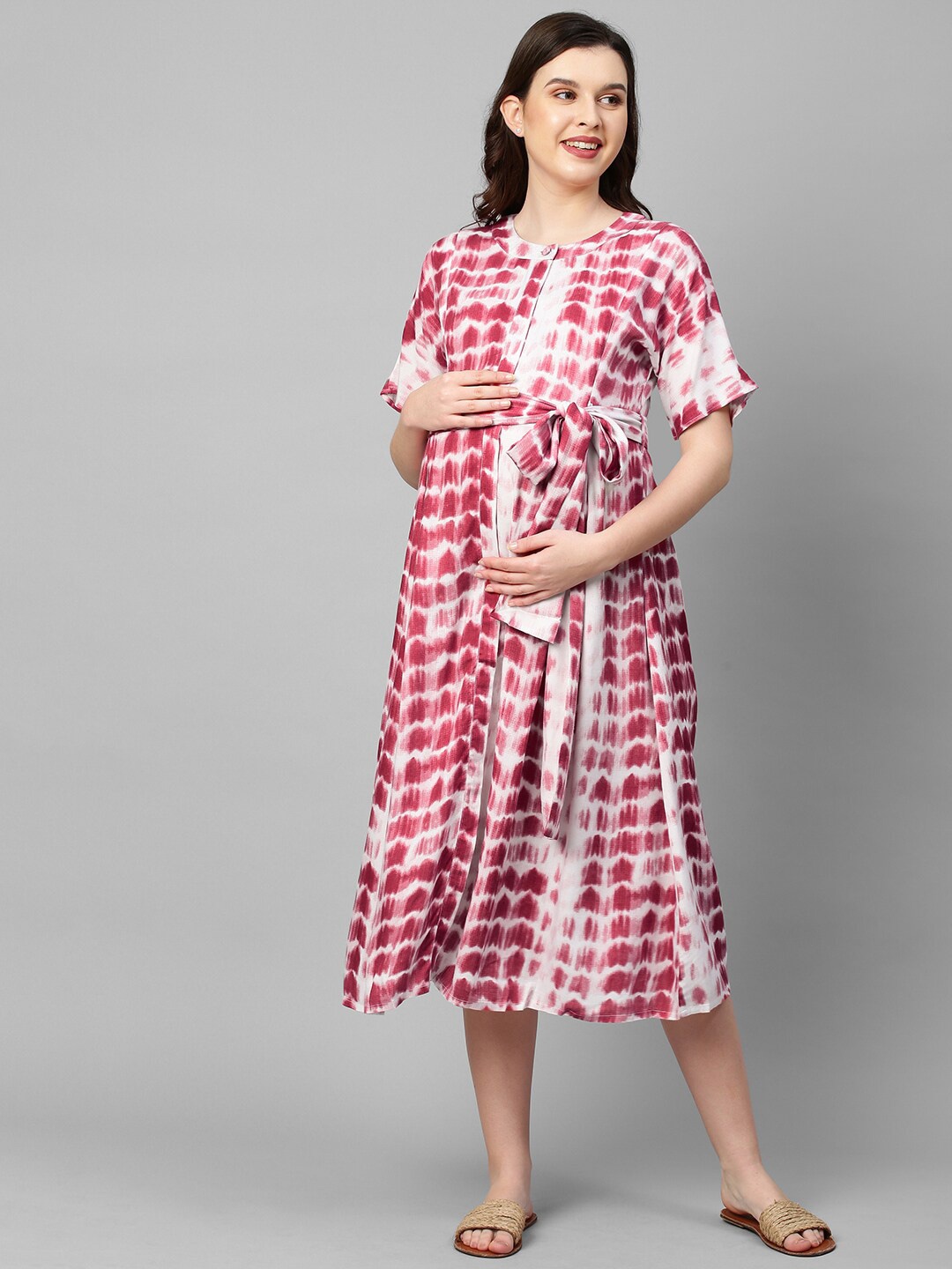 

MomToBe Pink Tie Die Maternity Nursing A-Line Midi Dress