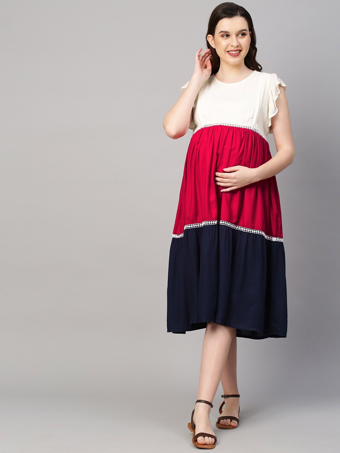 

MomToBe Colourblocked Maternity A-Line Tiered Dress, Multi