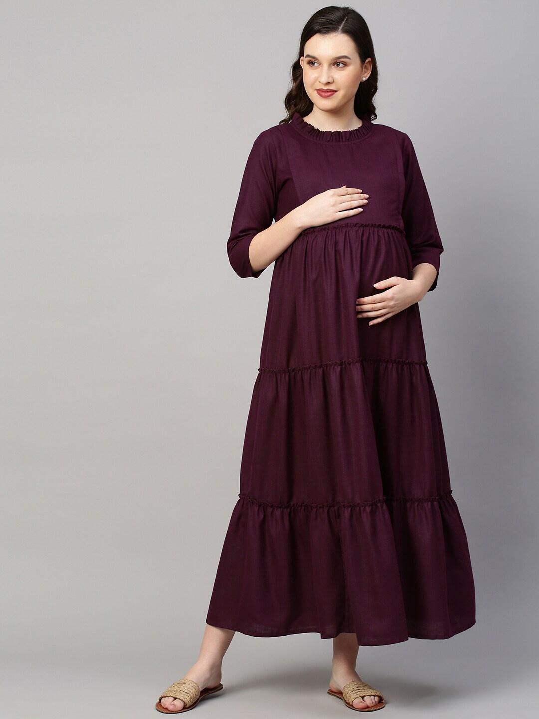 

MomToBe Women Purple Solid Maternity Nursing Empire Midi Sustainable Dress